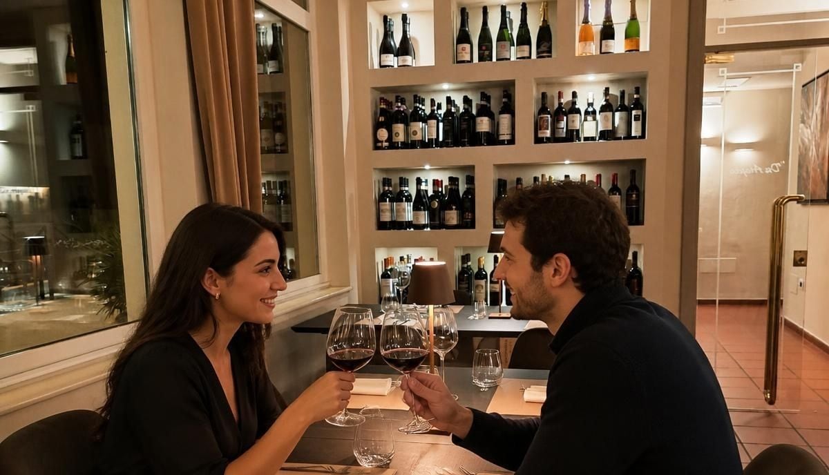 A couple toasting with wine glasses at a table with a wine rack in the background.