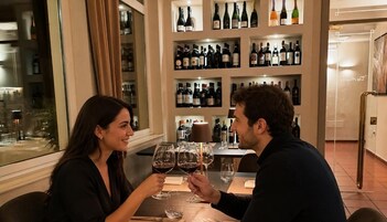 Una pareja brindando con copas de vino en una mesa, con una botellera al fondo.