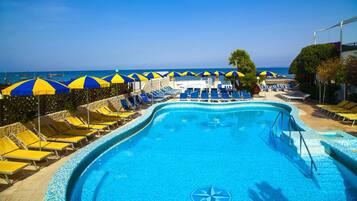 Outdoor pool, pool umbrellas, pool loungers