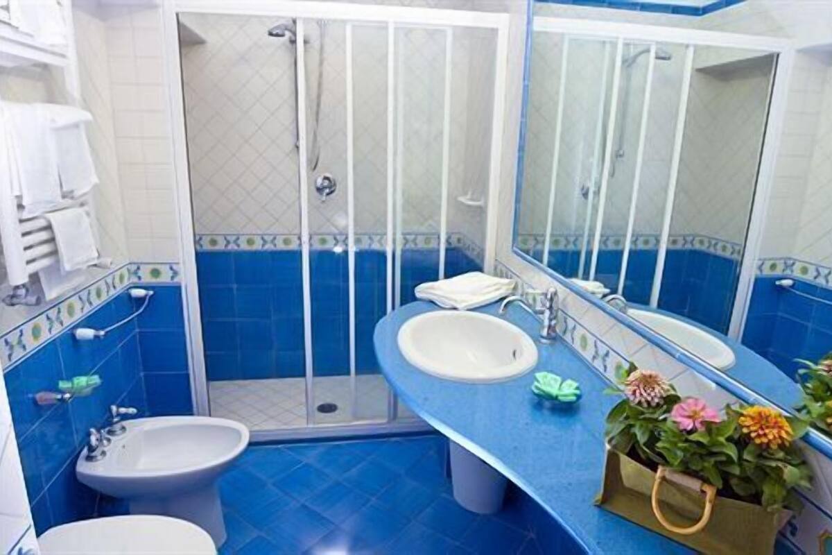 free toiletries, hair dryer, bidet, towels