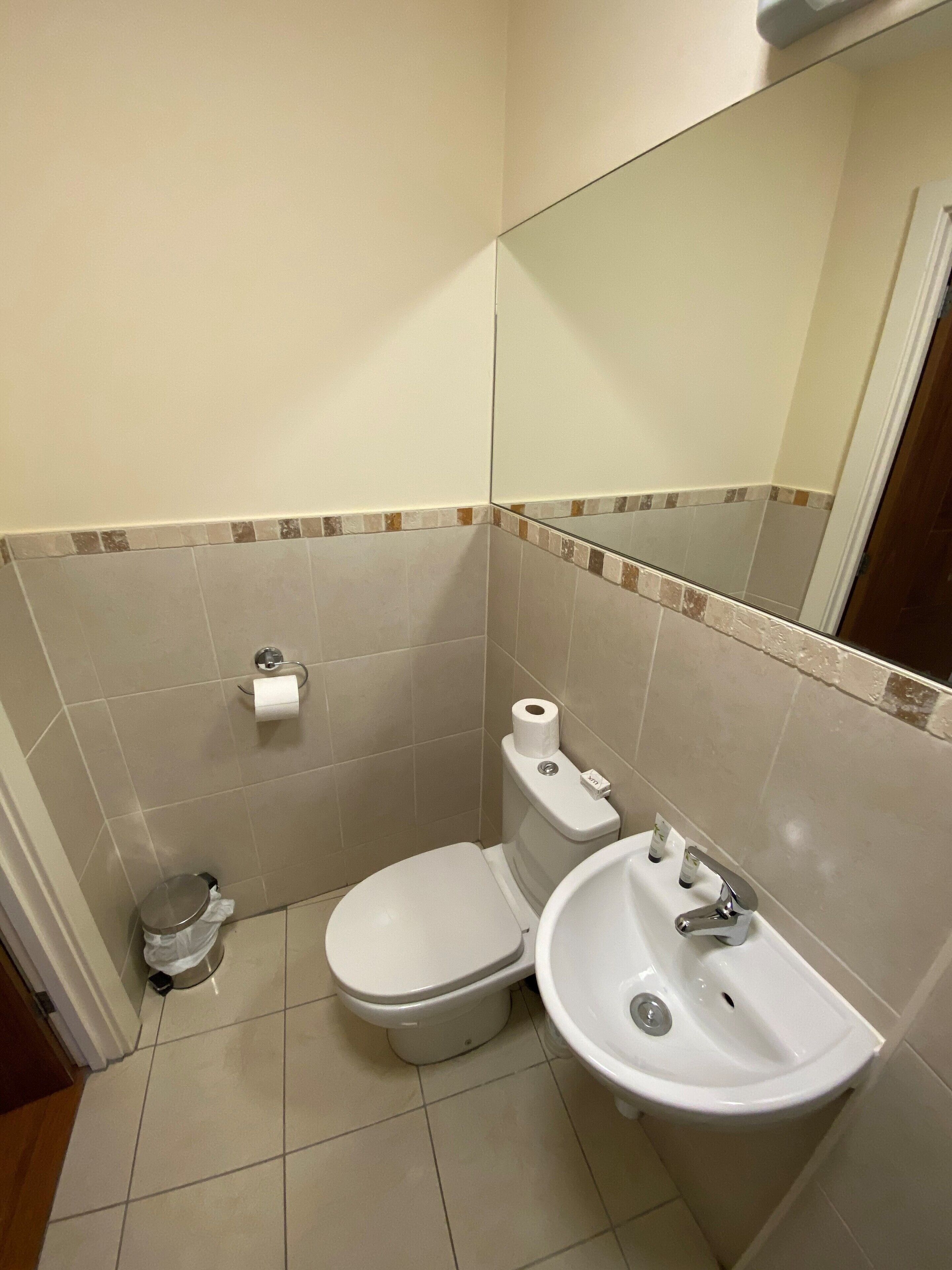 A small bathroom with a toilet, bidet, and sink. There is a mirror above the sink and a trash can next to the toilet.