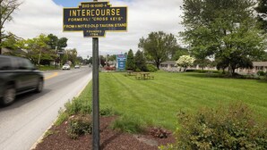 A sign for Intercourse, formerly Cross Keys, from a noted old tavern stand founded in 1754. - Travelers Rest Motel (Gordonville)