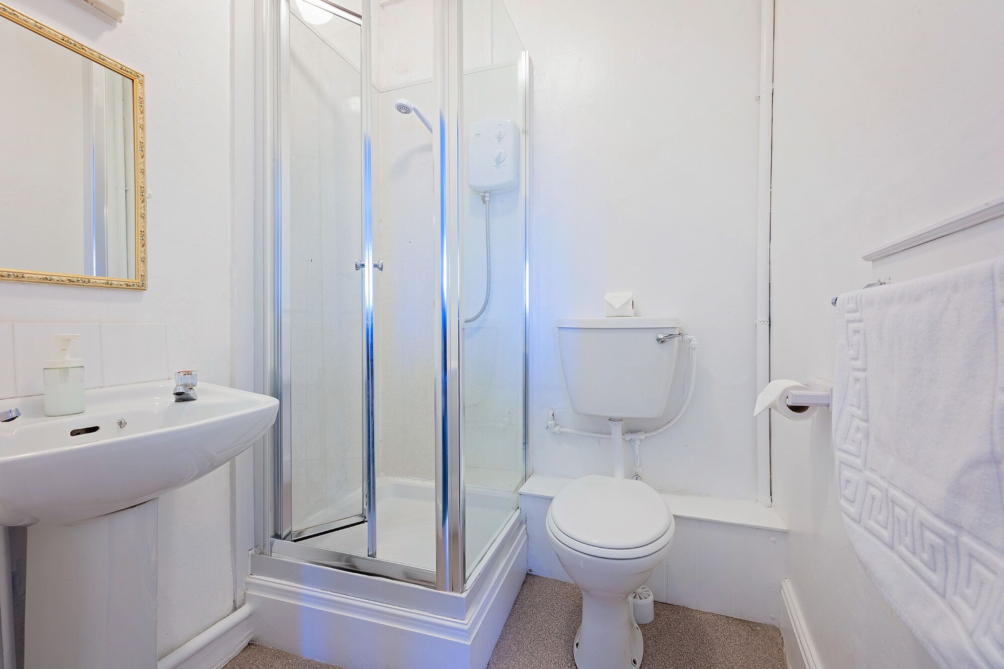 A bathroom with a glass-enclosed shower, a white sink, and a toilet.