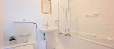 Un baño con inodoro, lavabo y ducha.