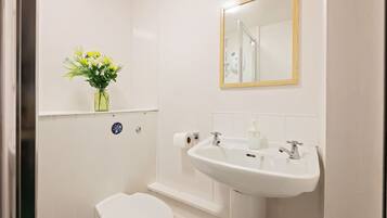 Een badkamer met een wit toilet, een wastafel met spiegel erboven en een klein plankje met een bloemenvaas.