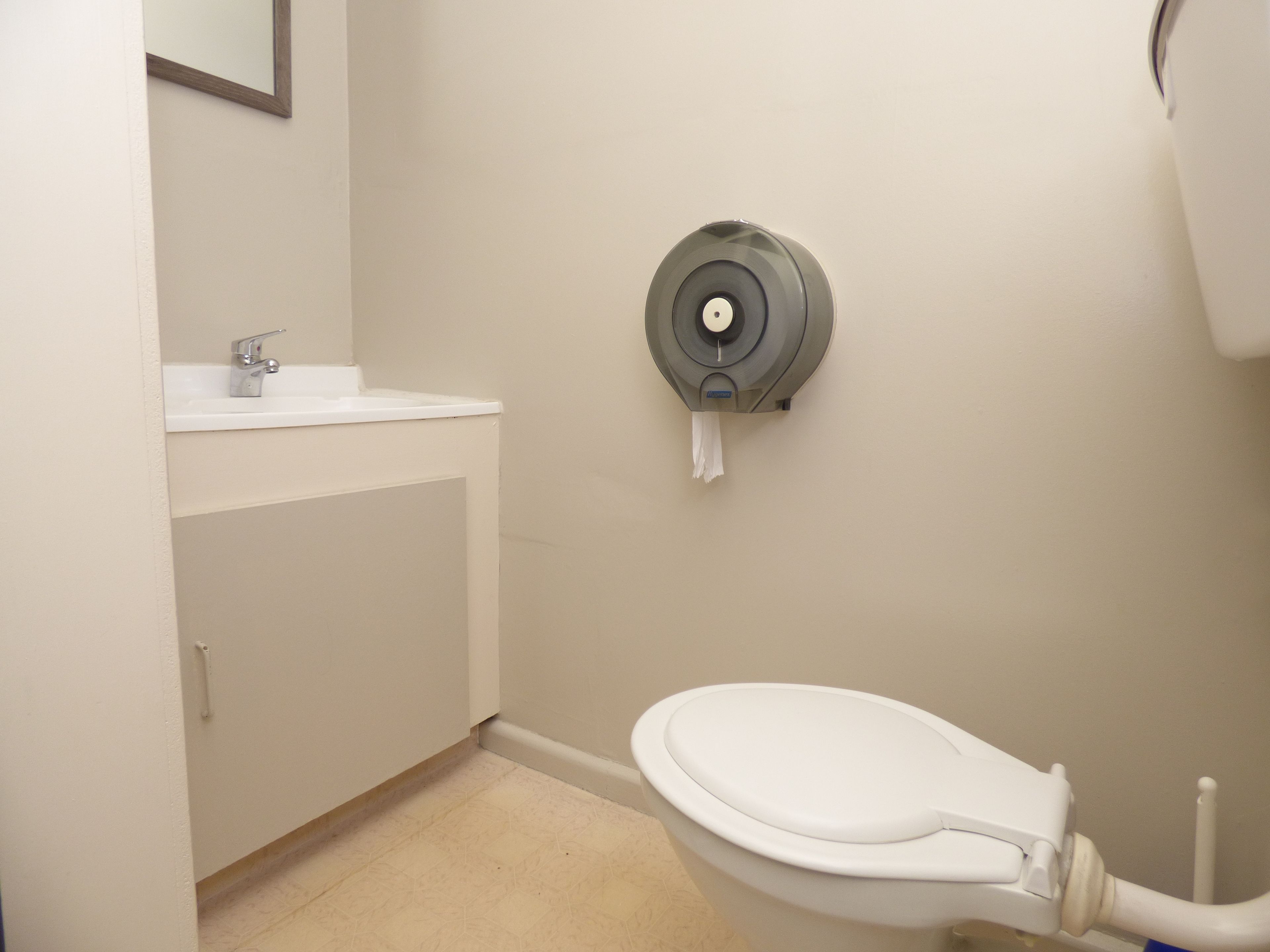 Een badkamer met toilet, wastafel en papieren handdoekdispenser.