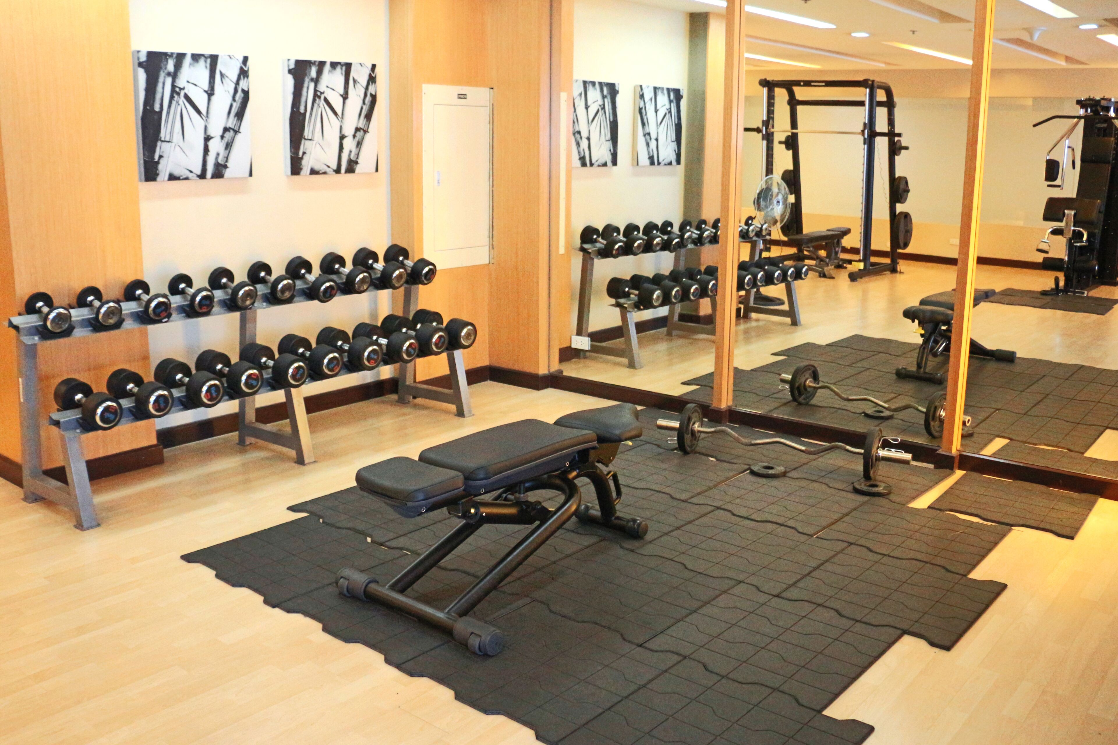 Un gimnasio con equipo de levantamiento de pesas, bancos y espejos.