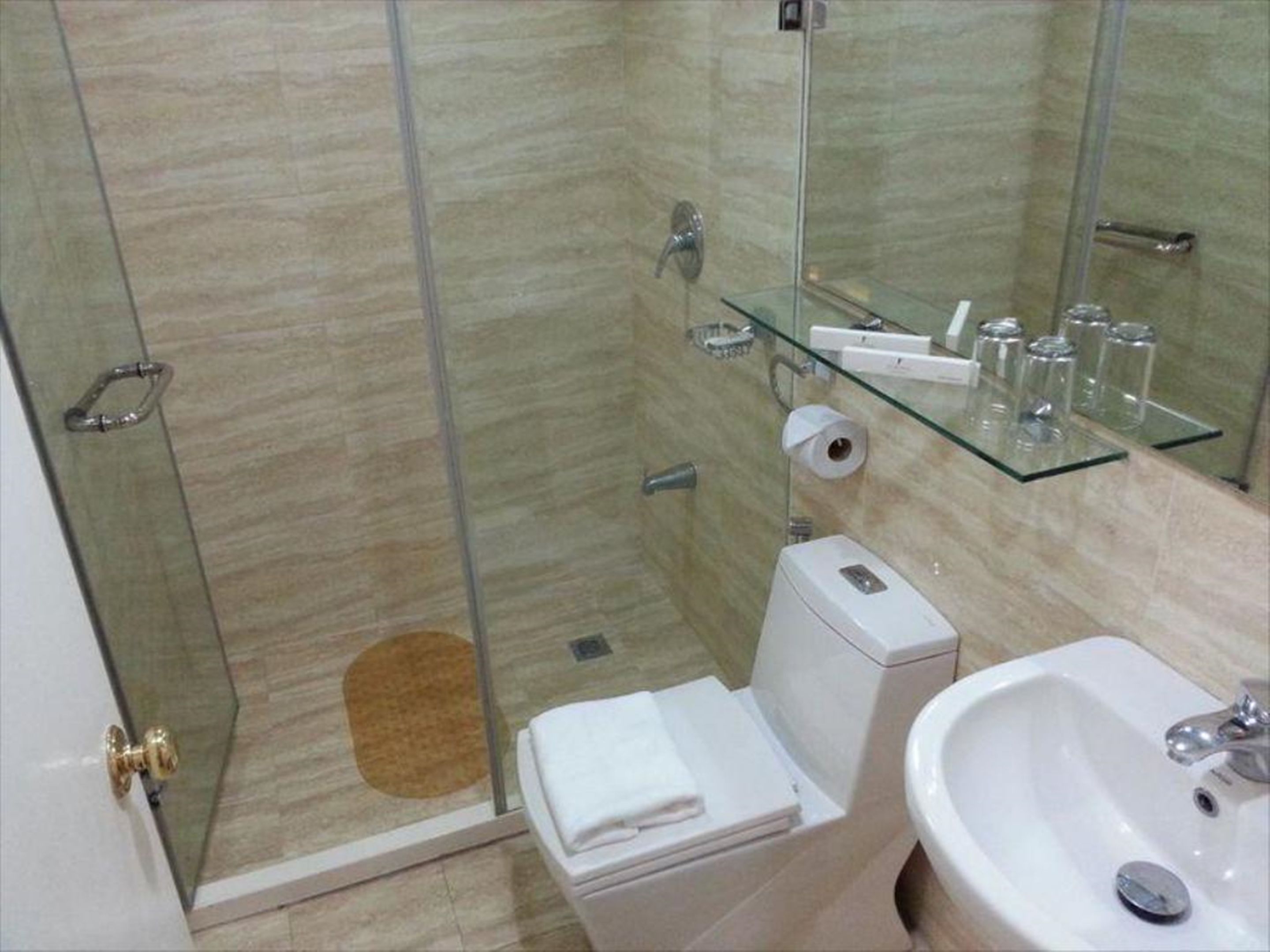 A bathroom with a glass shower enclosure, a toilet, a sink, and a glass shelf with toiletries.