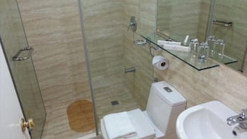 A bathroom with a glass shower enclosure, a toilet, a sink, and a glass shelf with toiletries.