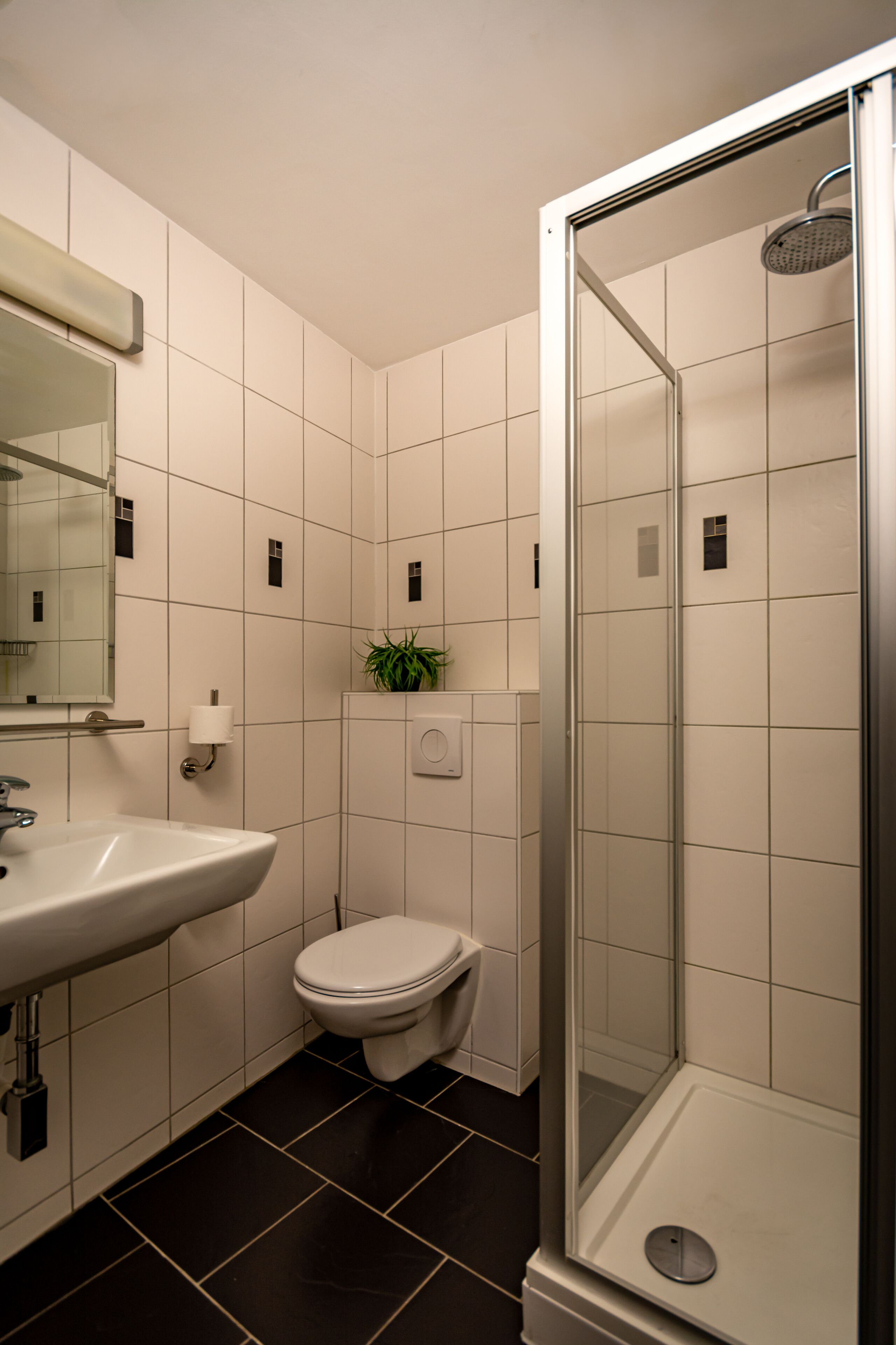A modern bathroom with a white sink, toilet, and shower.