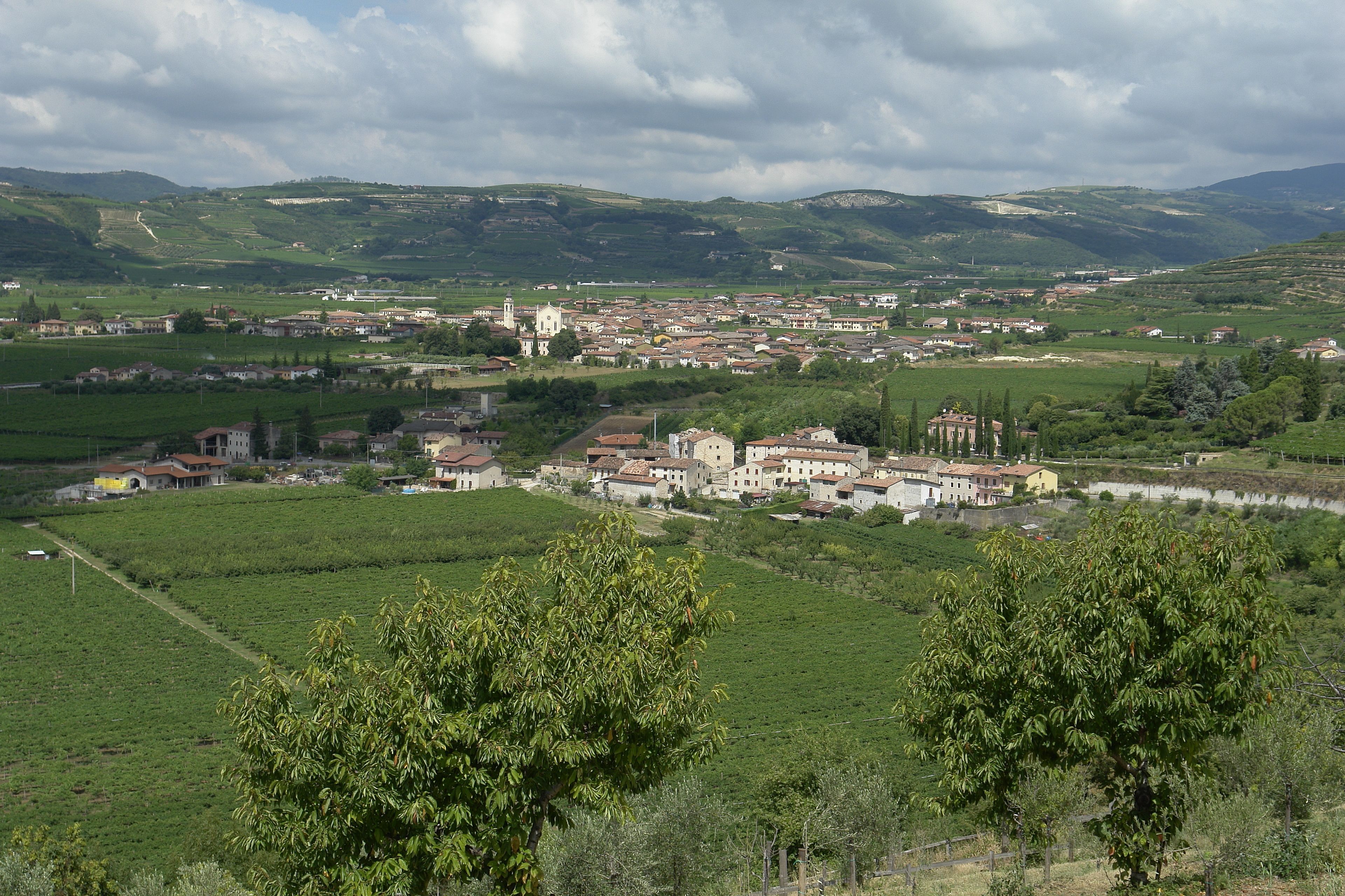 A rural town with a prominent church, surrounded by green fields and hills.