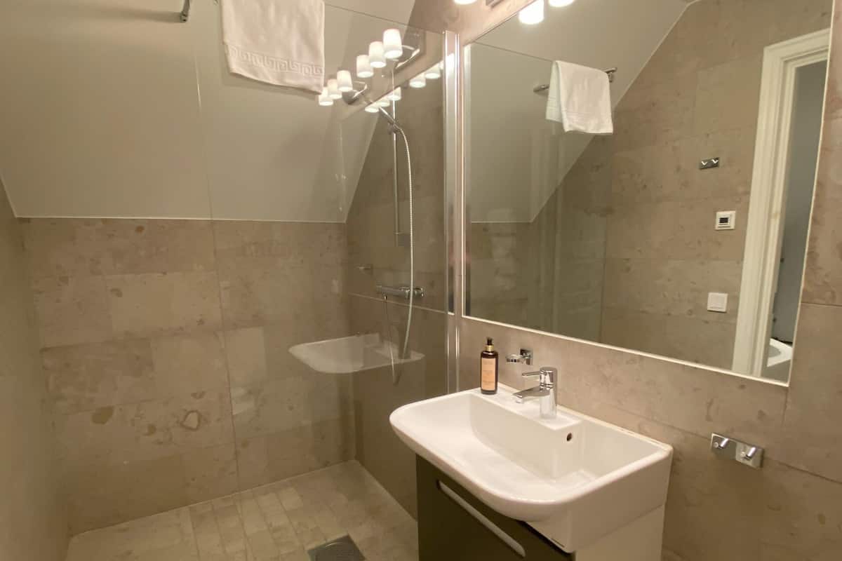 superior double room | bathroom | shower, designer toiletries, hair dryer, towels
