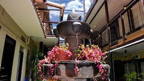 Una fuente de piedra con agua que fluye, rodeada de macetas con plantas y flores.