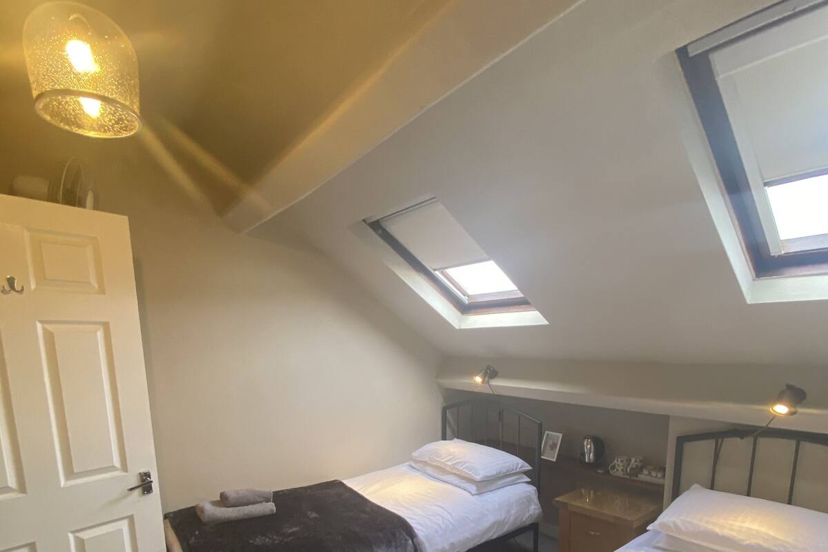A bedroom with two beds, a skylight, a ceiling fan, and a door.