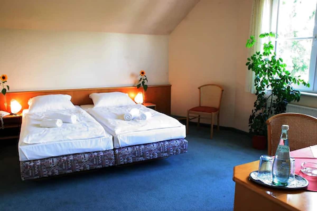 A hotel room with two beds, a chair, a table with a bottle and glasses, and a potted plant by the window.