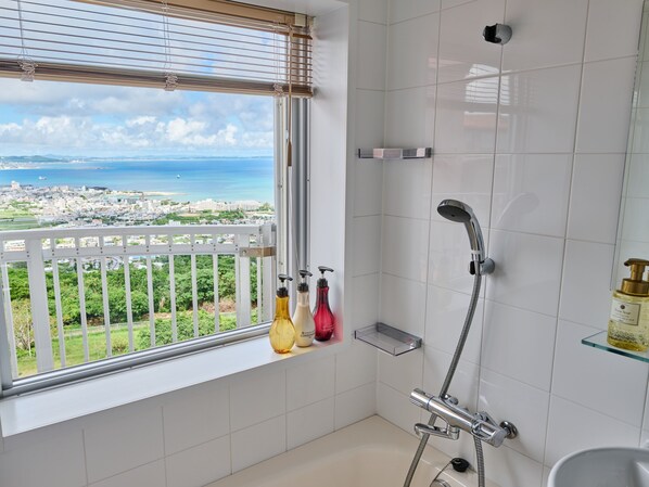 Un baño con ducha, una ventana con vistas a la ciudad y artículos de aseo en el alféizar.