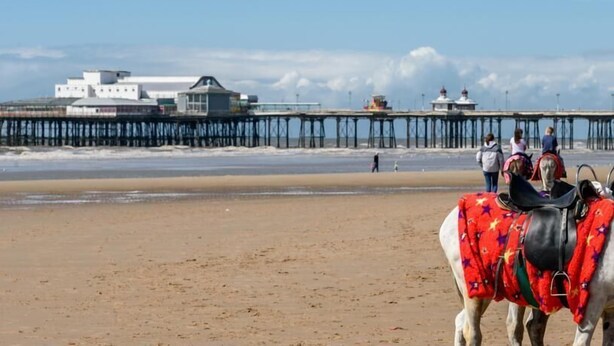 A beach with a pier in the background and a horse-drawn carriage in the foreground. - Sussex Hotel (Blackpool)