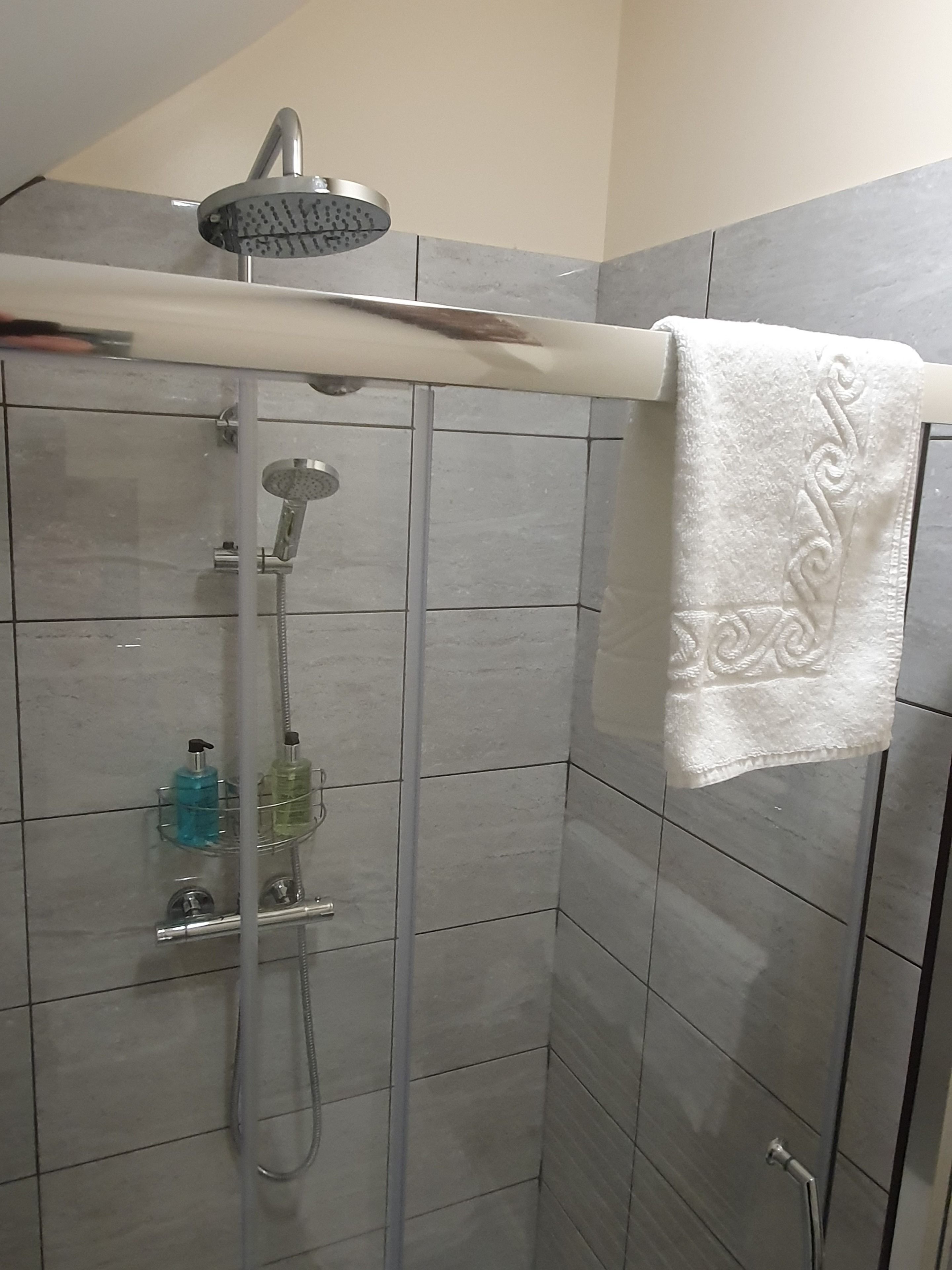 A shower area with a handheld showerhead, a wall-mounted showerhead, and a towel rack with a towel.