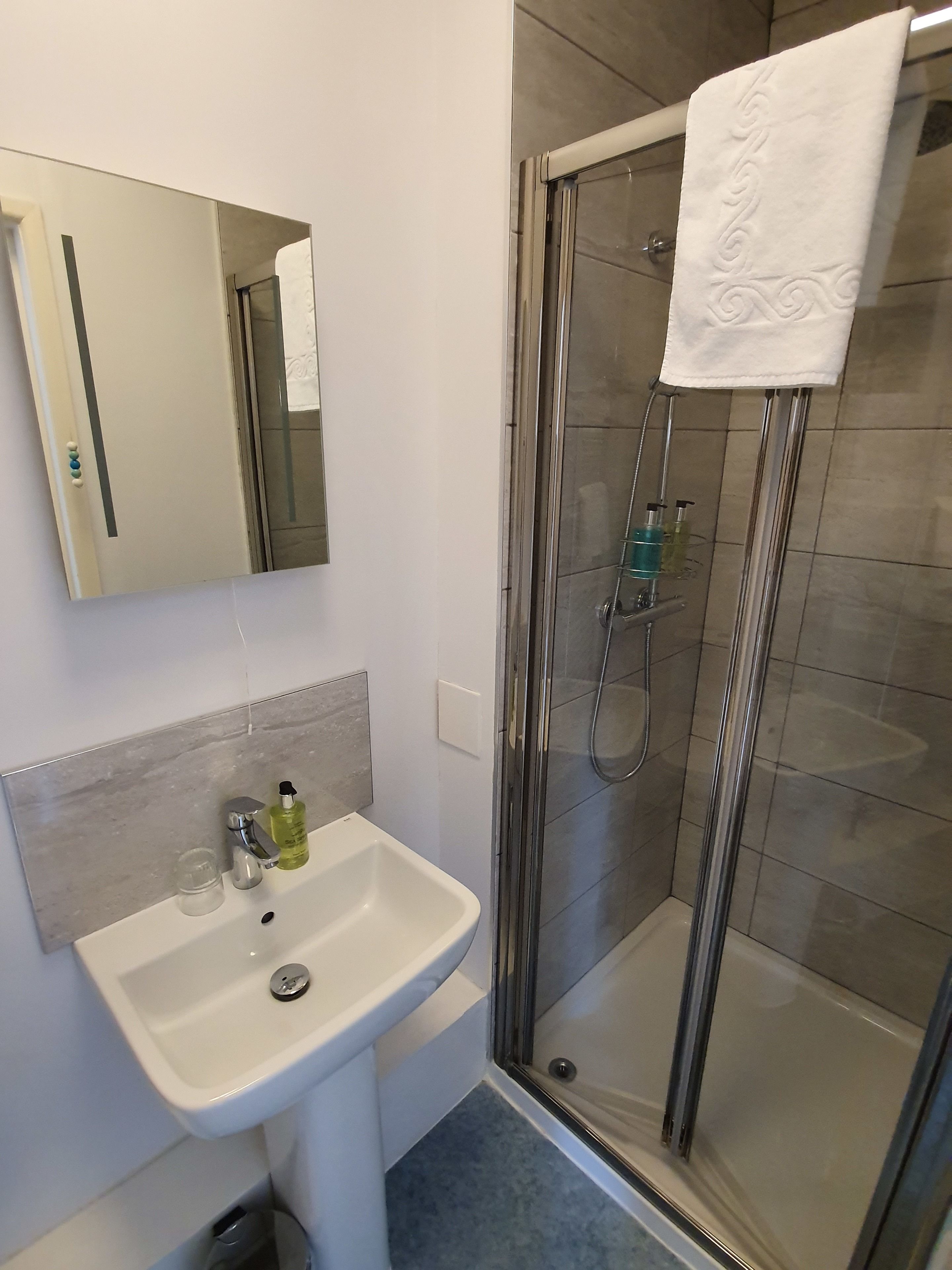 A modern bathroom with a glass-enclosed shower, a white sink, and a mirror above it.
