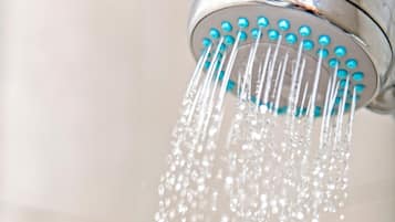 Shower, free toiletries, hair dryer, towels