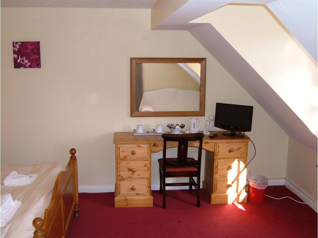 A bedroom with a wooden bed, a desk with a chair, a television, and a mirror.
