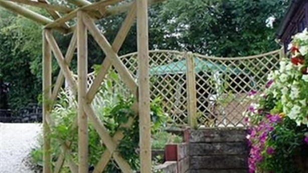 Une structure de pergola en bois, ornée d’un motif en treillis, entourée d’une végétation luxuriante et de plantes à fleurs.