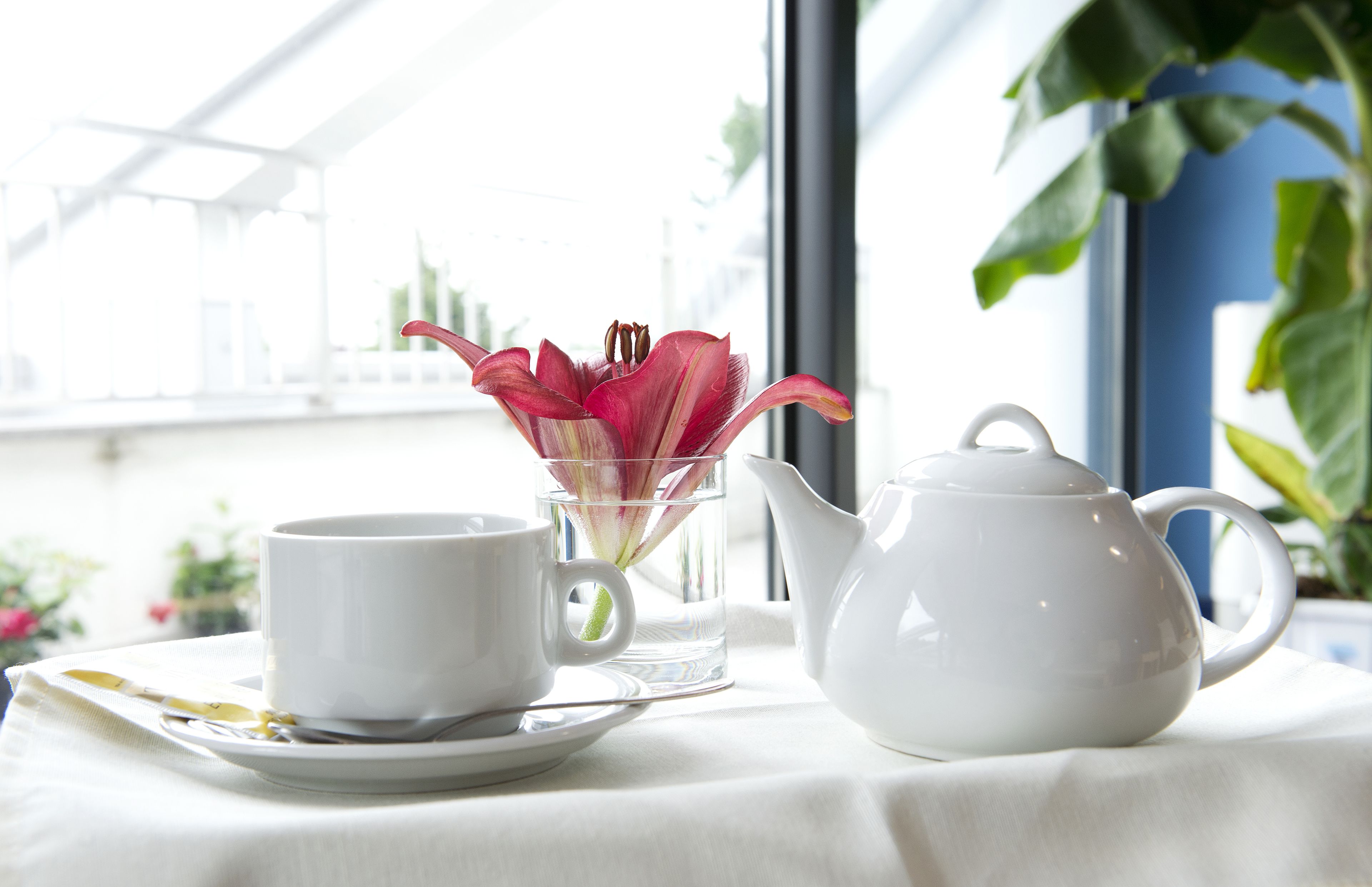 A table with a white teapot, a cup, and a glass of water with a red flower.