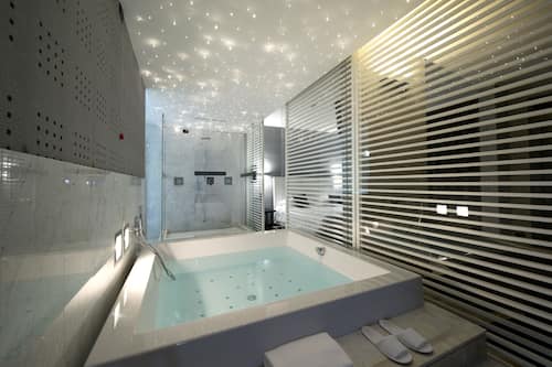 Eco-friendly toiletries, hair dryer, slippers, bidet