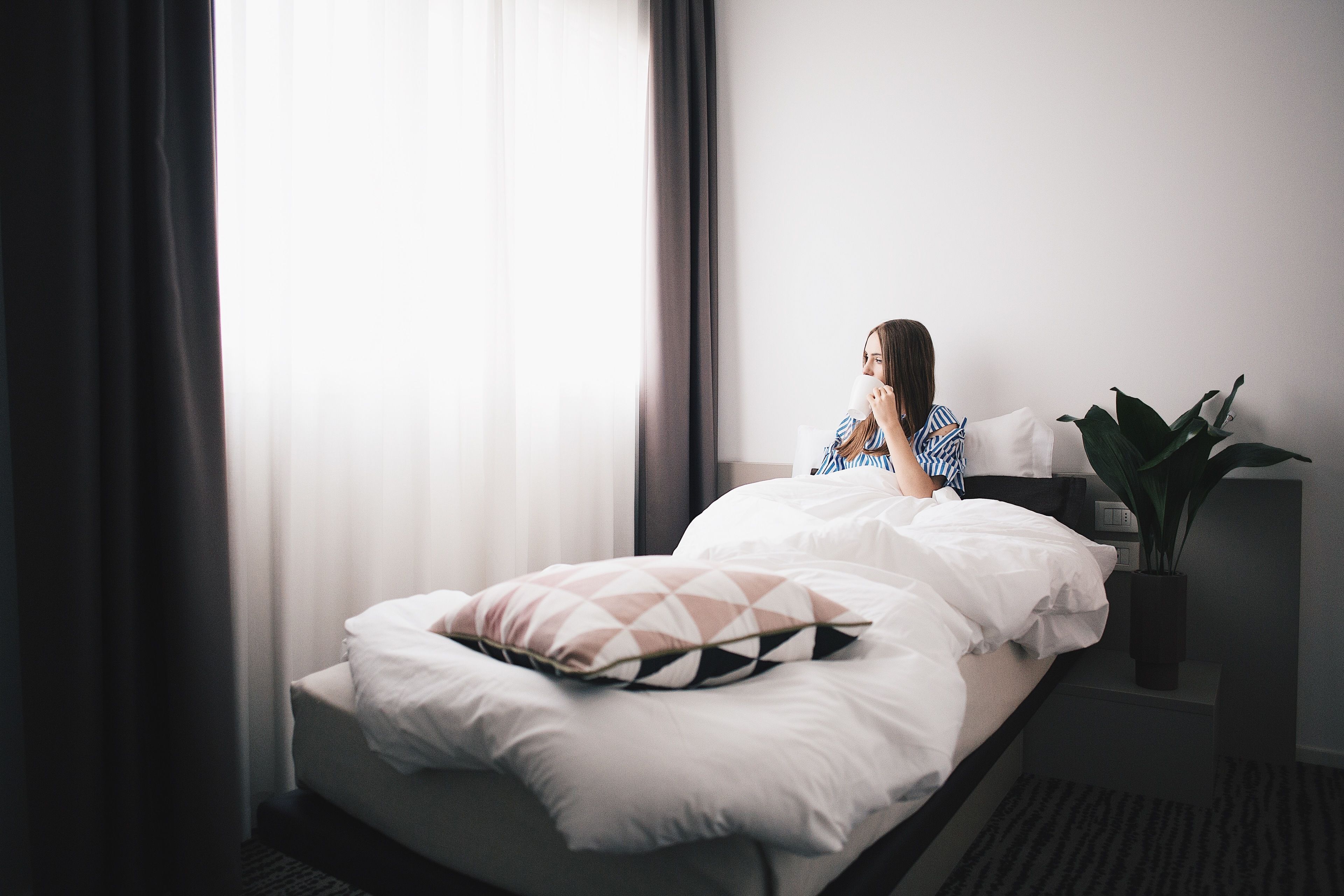Ein Hotelzimmer mit Bett, einer Zimmerpflanze und einem Fenster mit Vorhängen.