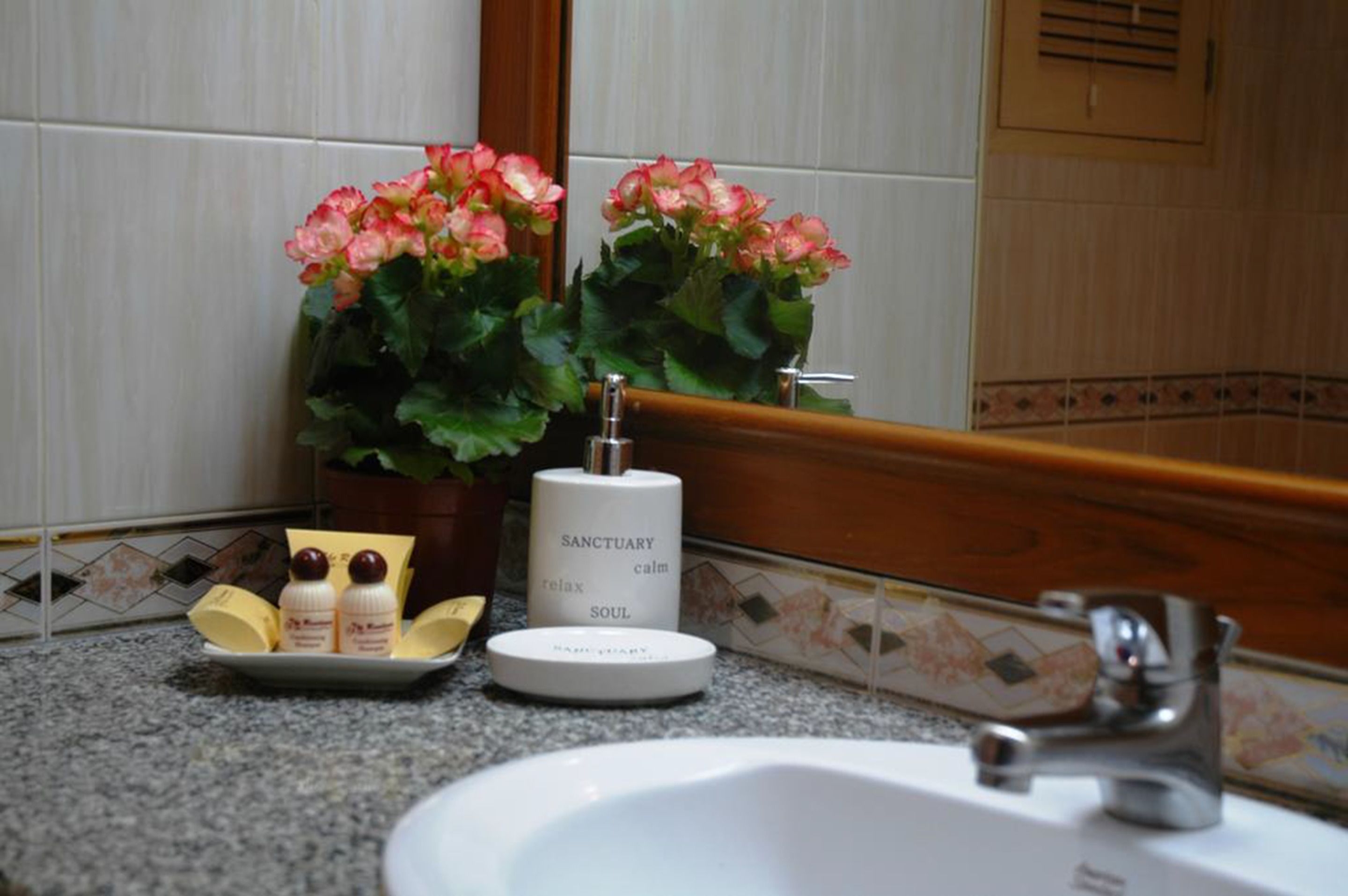Ein Badezimmer mit Waschbecken, Spiegel, einer Topfpflanze mit rosafarbenen Blüten und Toilettenartikeln auf der Ablagefläche.