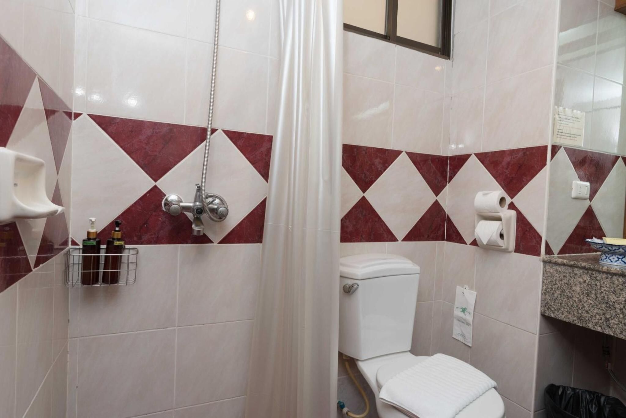 A bathroom with a shower, toilet, and a hand soap dispenser.