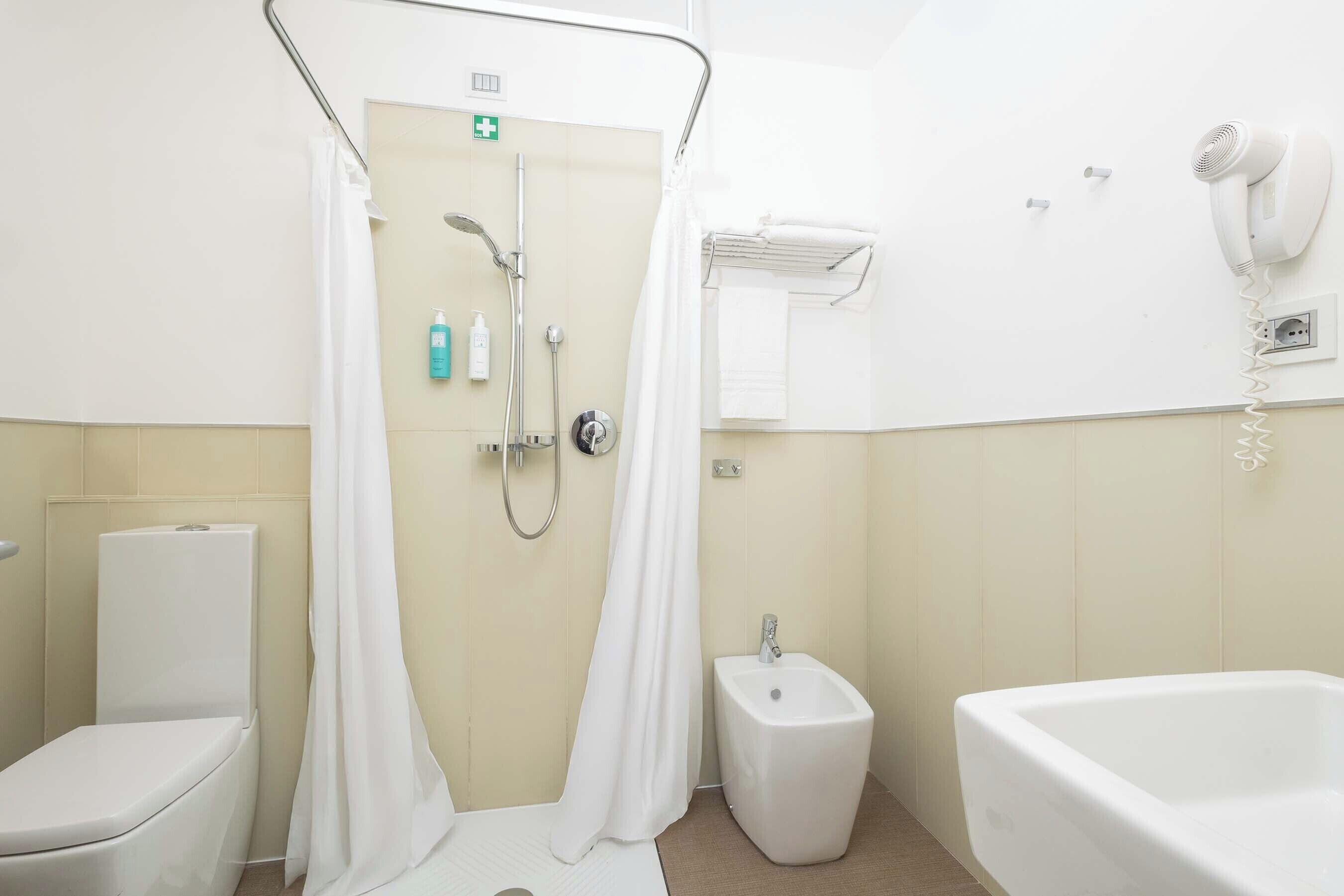 shower, free toiletries, hair dryer, bidet