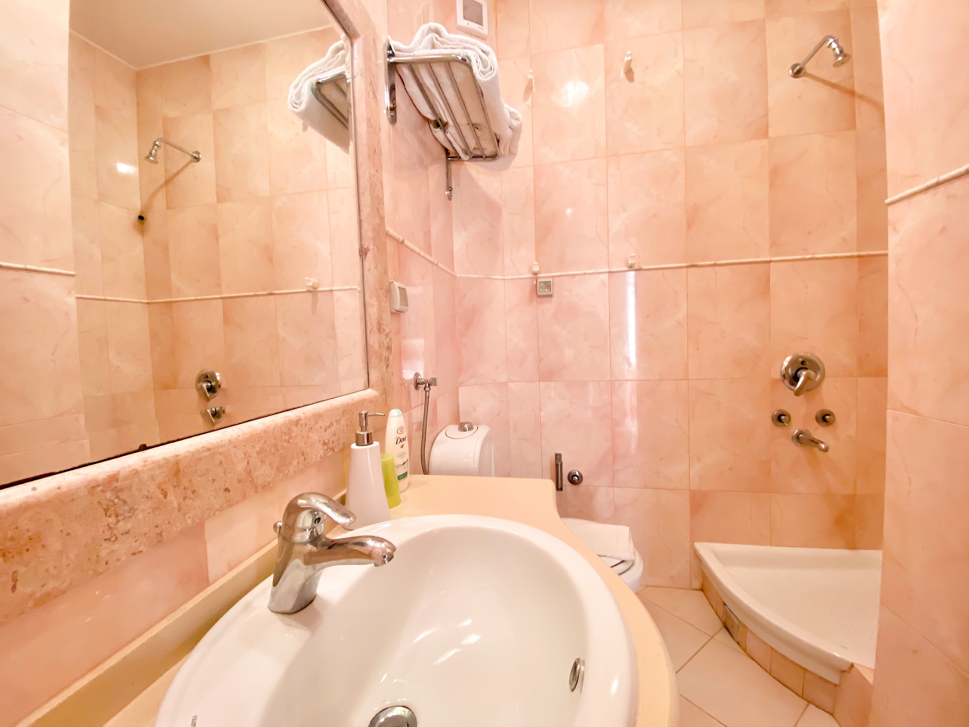 Une salle de bain avec un lavabo blanc, un miroir, un espace douche et des toilettes.