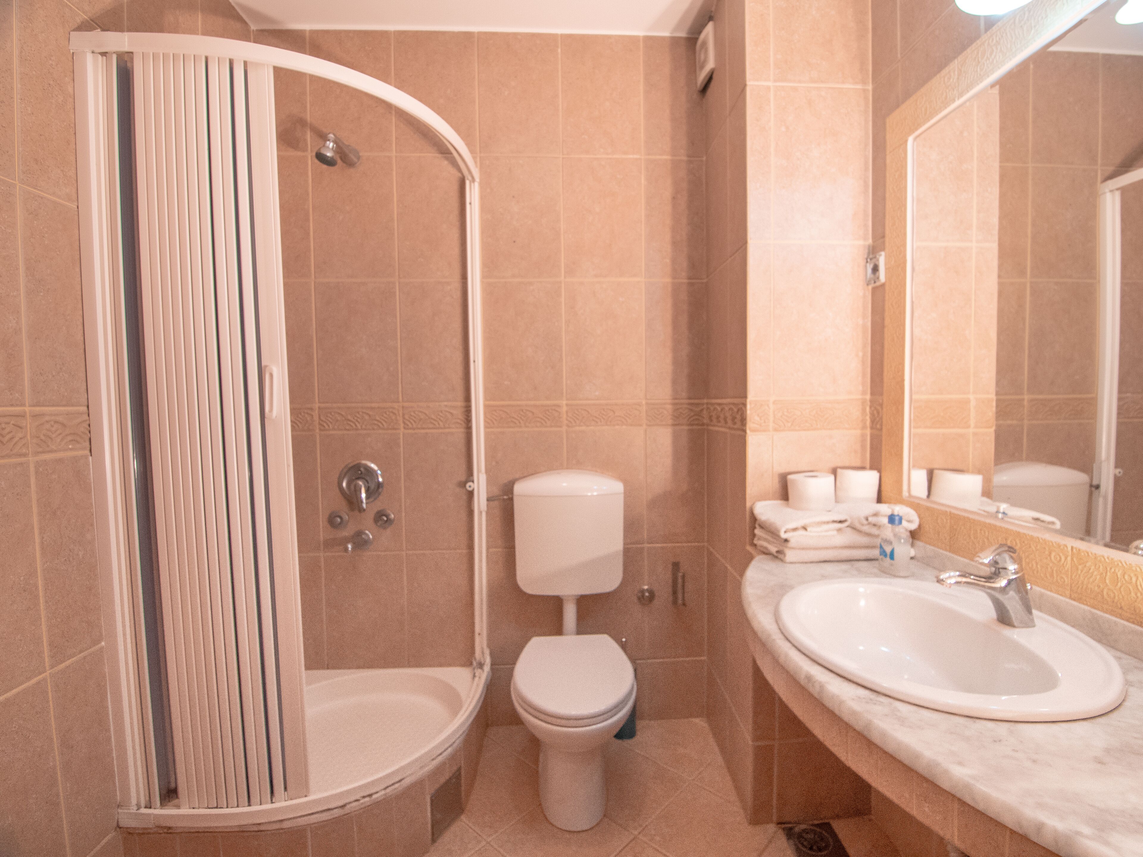 Ein Badezimmer mit Dusche, Toilette, Waschbecken und Spiegel.