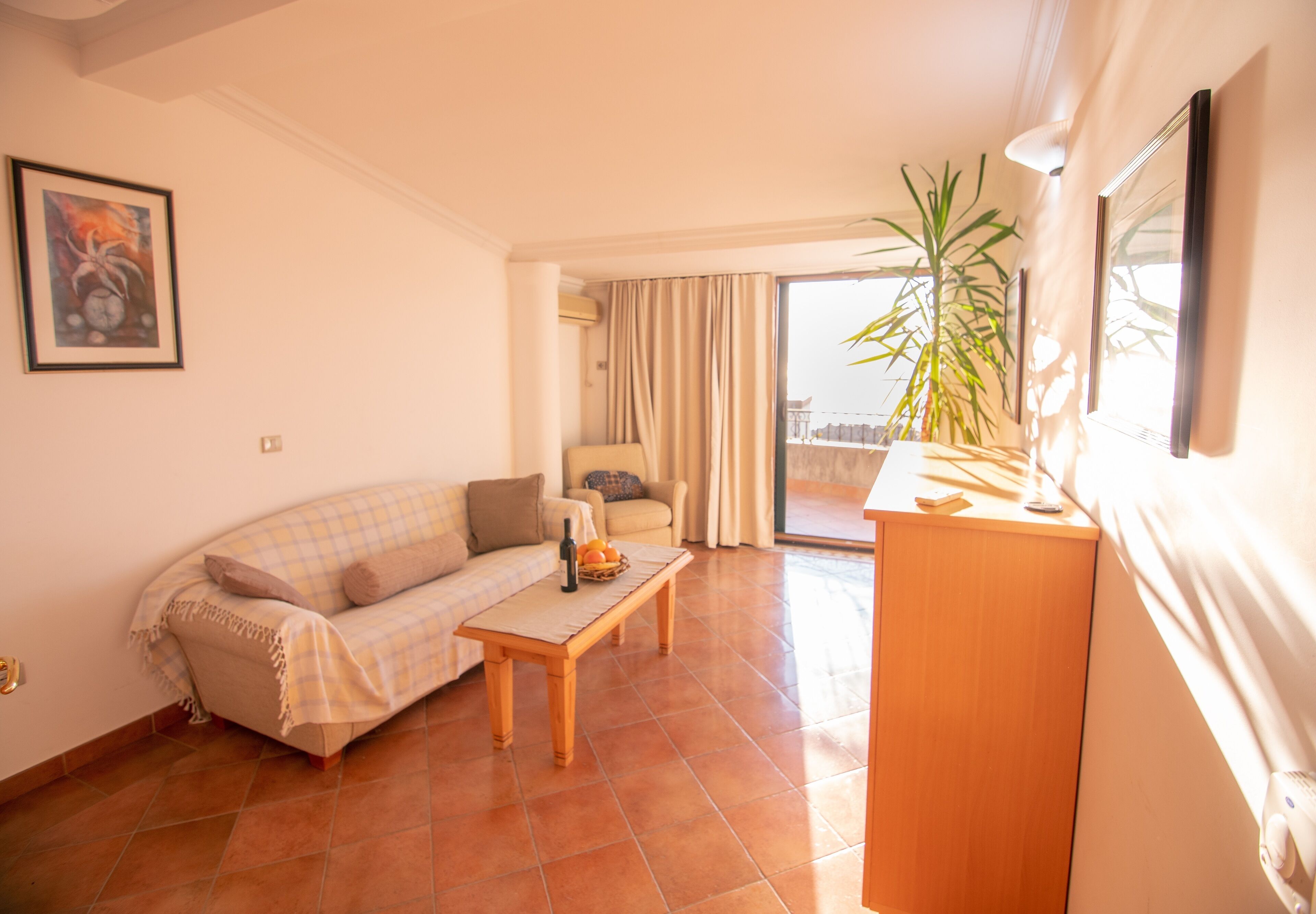 A living room with a sofa, a coffee table, and a plant. There is a window with curtains and a view outside.