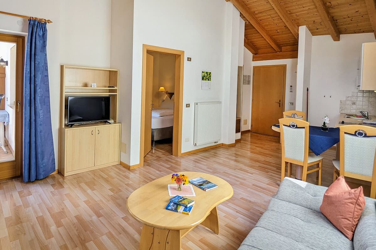 A compact living space with a sofa, a dining table, a TV on a wooden cabinet, a small kitchen area, and a bedroom with a bed and a nightstand.