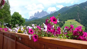 A wooden balcony with vibrant flowers and a mountainous landscape in the background. - Residence Töglhof (Funes)