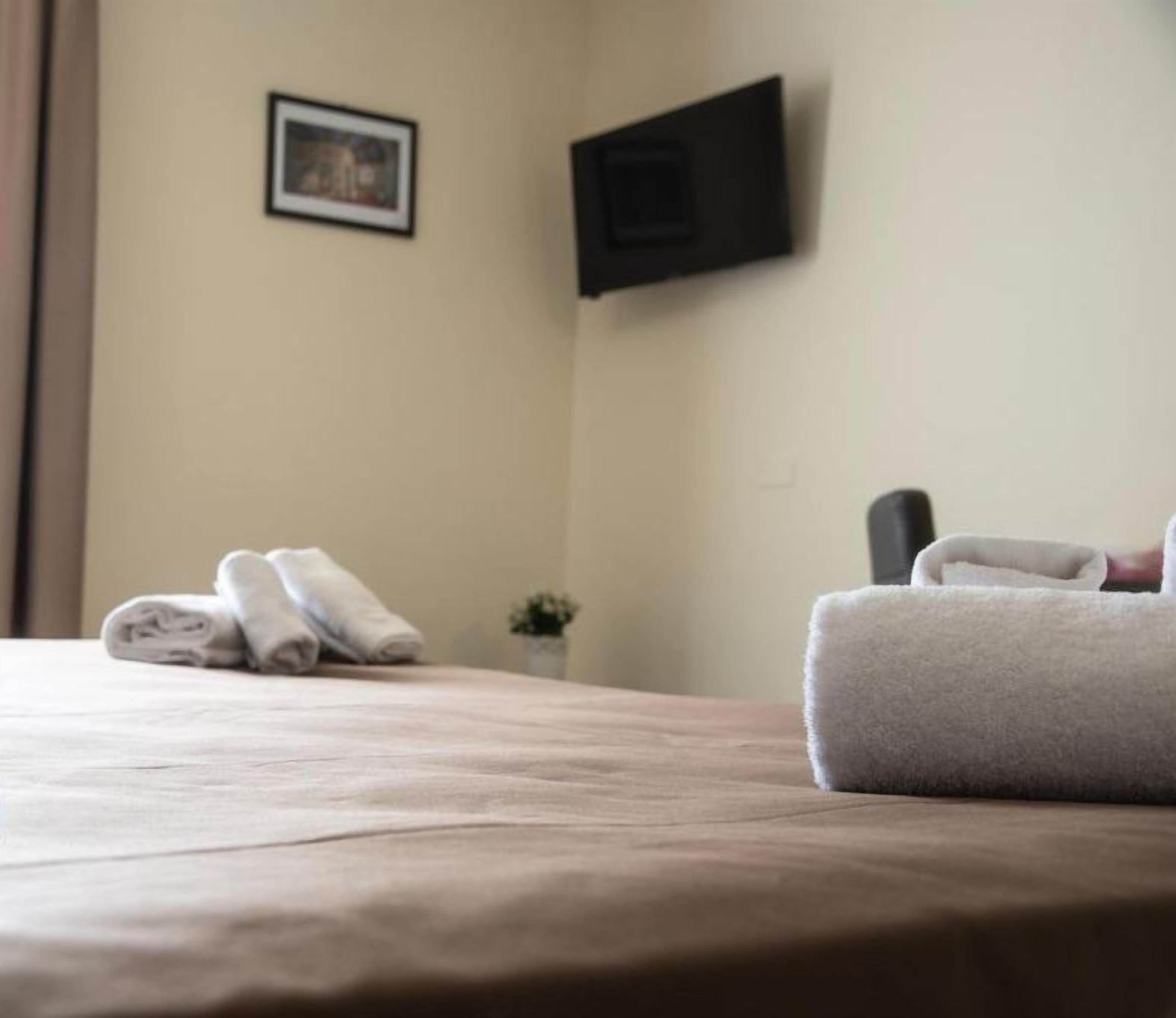 Une chambre d’hôtel avec un lit bien fait, une petite plante en pot et un téléviseur fixé au mur.