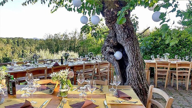 Een restaurant met buitentafels en stoelen, een grote boomstam en hangende lantaarns.