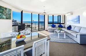 2 Bedroom Ocean View | Living room | 32-inch flat-screen TV with cable channels, LCD TV - Spindrift on the Beach (Mermaid Beach)