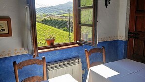 Una habitación con un ventanal grande con vistas a un viñedo, un radiador y dos sillas de madera con manteles blancos.