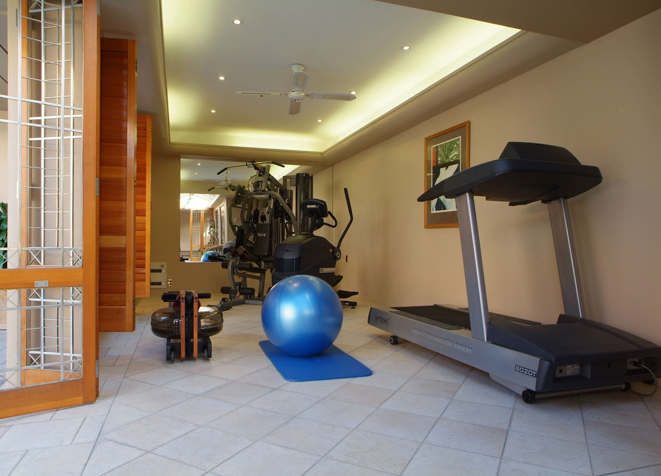 A home gym with a treadmill, exercise ball, and weight machines.