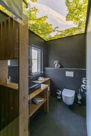 Une salle de bain moderne avec un meuble-lavabo en bois, une cabine de douche en verre et des toilettes.