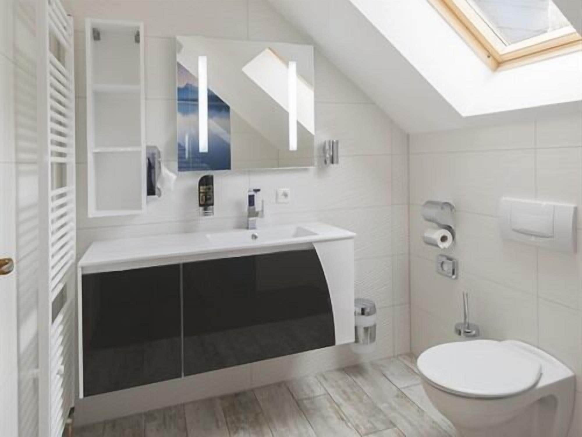 A modern bathroom with a skylight, a white sink, a mirror, and a toilet.