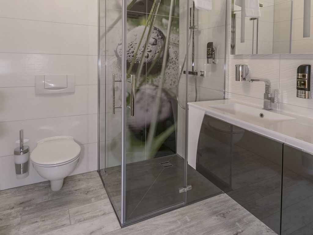 A modern bathroom with a glass shower enclosure, a toilet, and a vanity with a mirror.