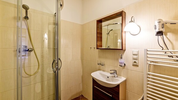 A modern bathroom with a glass-enclosed shower, a sink with a mirror above, and a towel rack. - Penzion Dvorákova (Brno)