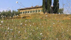 A building with a sloped roof, multiple windows, and a surrounding landscape with tall trees and wildflowers. - Fattoria Nuova Pievanella (Civitella Paganico)