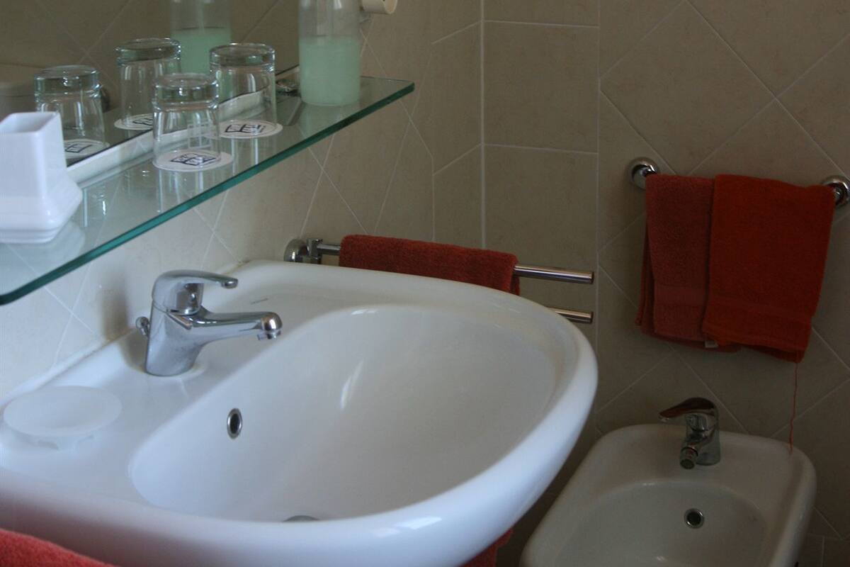 Une salle de bain avec un lavabo blanc, un bidet et une étagère en verre où sont rangés les articles de toilette.
