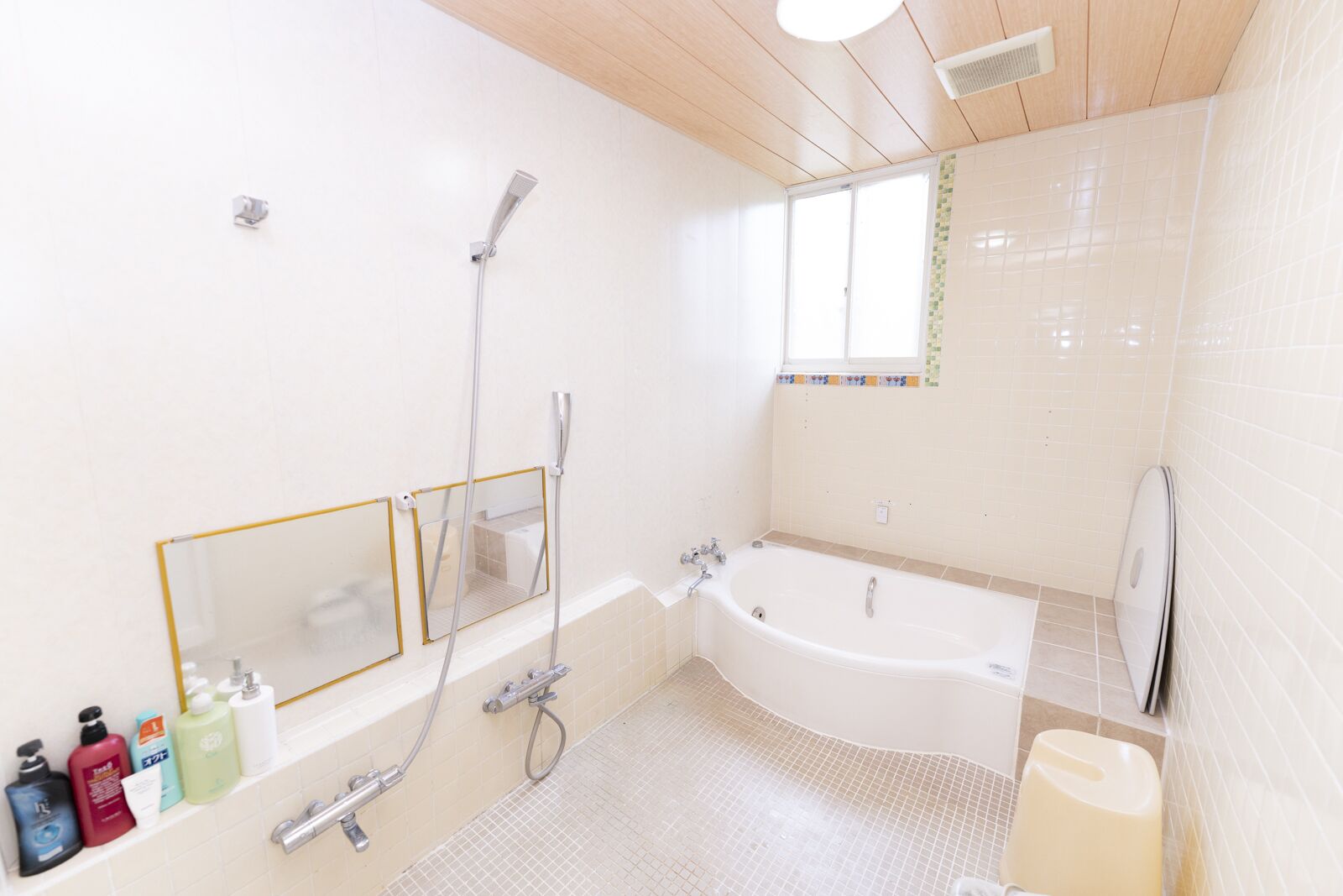 A modern bathroom with a bathtub, shower, and two mirrors.