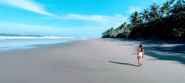 Una playa cerca, arena negra, sombrillas